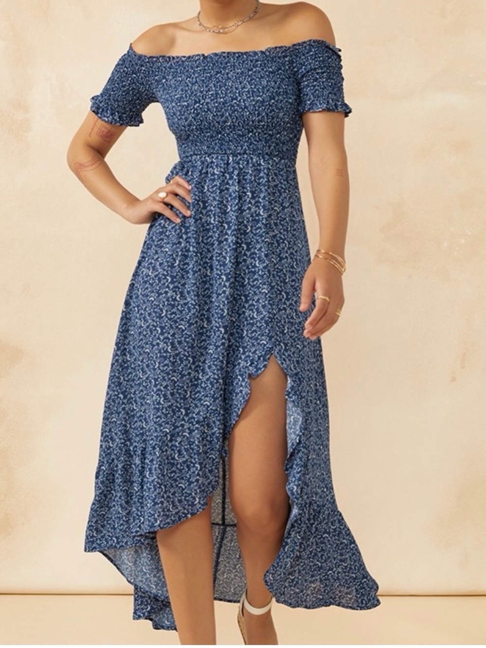 BNWT Francesca’s Off-Shoulder Blue Floral High-Low Dress